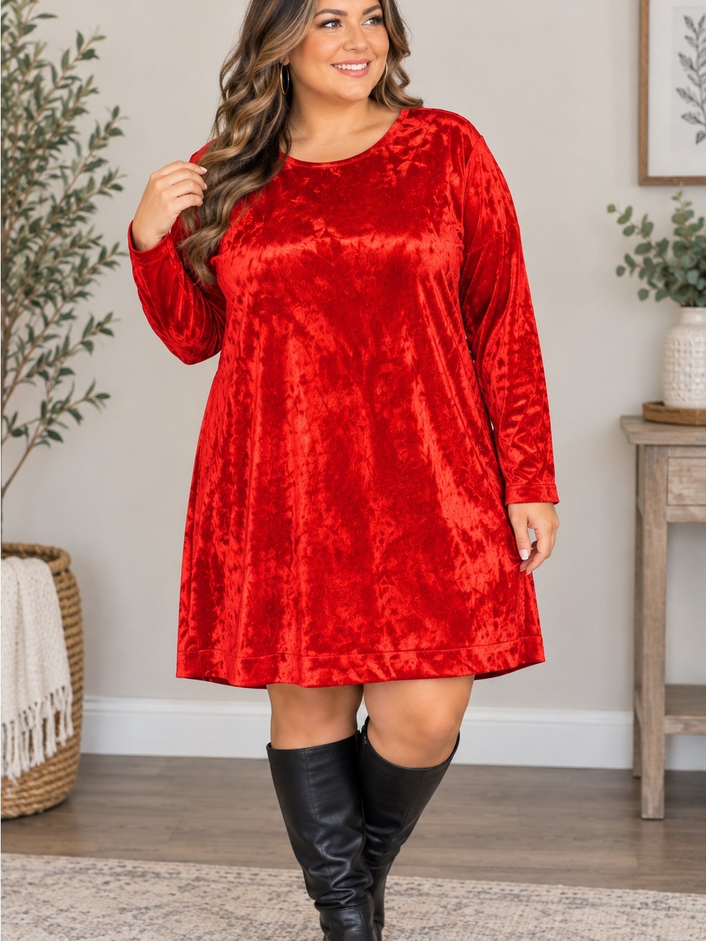 Nine West Red Velvet Long-Sleeve Swing Dress